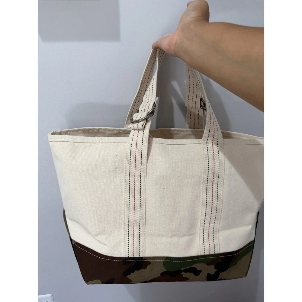 L.L.Bean Signature Tote Woodland Camo Bottom O Ring Adjustable Handles 22x14